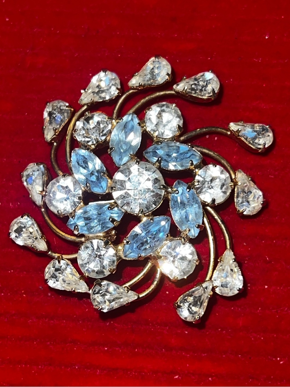 Vintage Gold-Tone Blue and Clear Rhinestone Floral Brooch
